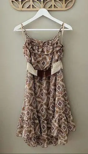 Vanity Floral Print Ruffle Dress Tan Sz Medium