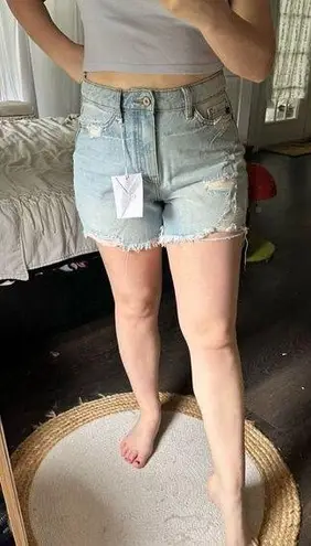 Kancan Women’s Blue Denim Medium Distressed Rainbow Jean Shorts New NWT