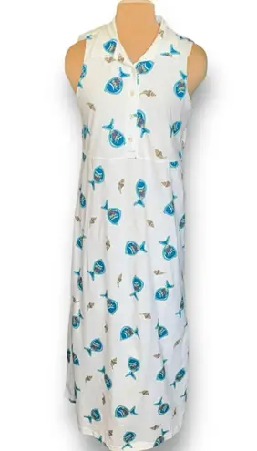 Vintage 90s White Cotton Maxi Shirt Dress Fish Seashell Shell Print Sleeveless Size M