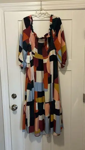 Eloquii New Eloquiii Abstract Long Sleeve Smocked Square Neck Ruffle Maxi Dress Size 26