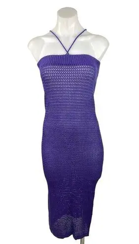Womens Purple Open Knit Crochet Halter Bodycon Summer Swim Coverup Dress Size M Size M