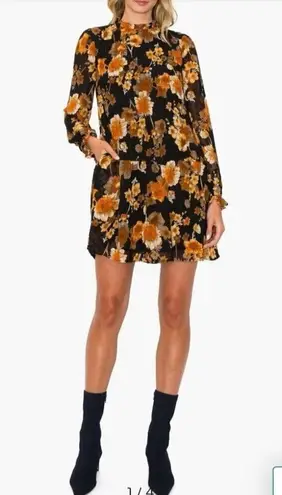 MELLODAY Black Muti-color Sheer Floral Print Pleated Long Sleeve Mini Dress Sz L