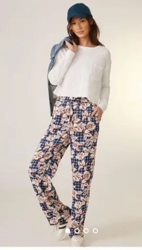 Scotch & Soda Blue Gingham and Burgundy Floral Printed Wide Leg Trousers Size XL