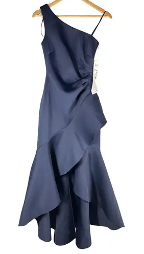 Eliza J One-Shoulder Side-Tuck Ruffle Hem Scuba Gown Navy Size US 2