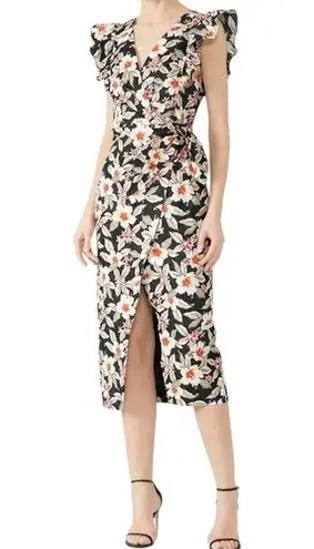 Rebecca Taylor Kamea Floral Faux Wrap Midi Dress size 4 Slit Polka Dots Ruffle