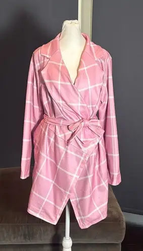 Women’s Pink Turn Down Collar Wrap Trench Coat Grid Pattern Size L (**Tag XL) Size L