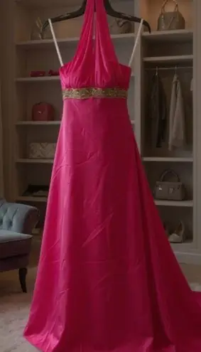 Betsy and Adam hot Pink Embroidered Halter Gown Sz 2