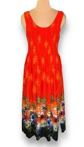 Vintage Maxi Dress Hawaiian Print Red Orange Smocked Top Tropical Macaw Medium Red