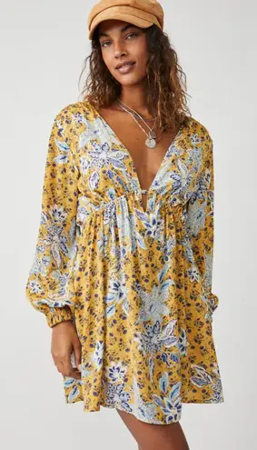 Free People NWT  Soli Golden Hour Combo Yellow V-Neck Long Sleeve Mini Dress