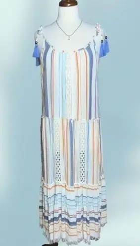 Blue Island Multicolor Stripes White Boho Fringe Hem Tie Strap Summer Dress XL