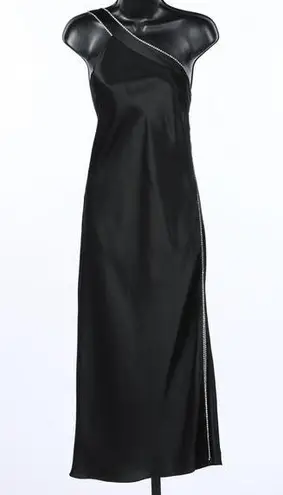 Michelle Mason NWT  Black Satin Asymmetrical Cross Body Strap Midi Dress