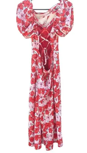 Dizzy Lizzy Womens small pink and red floral puff sleeve corset back maxi dress