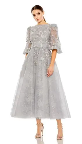 Mac Duggal 20418 Dress Womens 12 Gray Floral Embroidered Tulle Midi Evening Gown