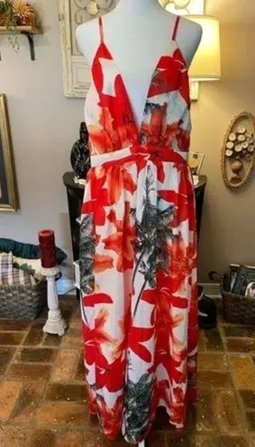 Chic Me tropical print backless strappy maxi dress with full skirt orange XL.