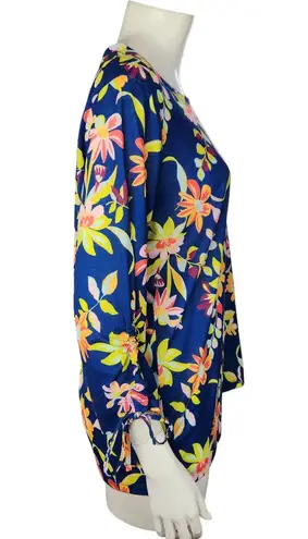 Caribbean Joe Women's Large Blue Floral Blouse 3/4 Sleeves Tie Detail NWT Cruise