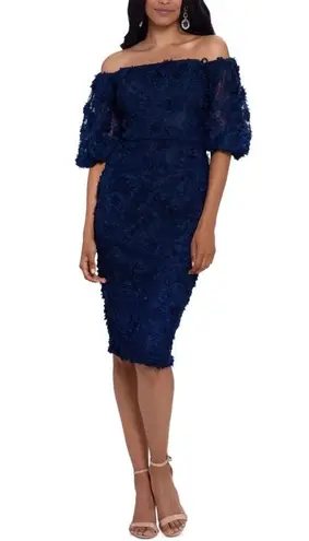 XScape  Women's Cocktail Dress Size 6 Blue 3D Floral Lace Off the Shoulder Sheath