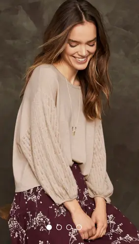 Garnet Hill 100% Merino Wool Pointelle Blouson-Sleeve Sweater neutral beige