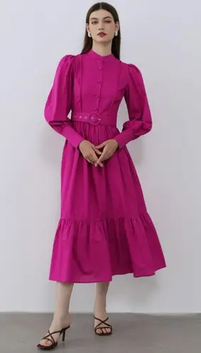 Chicwish NWT CHIC WISH Lantern Sleeve Button Down Linen-Blend Midi Dress in Magenta Sz M