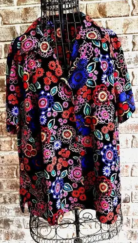 Elementz VTG  Blouse Woman 1X Black Floral Shirt Button Short Sleeves Psychedelic