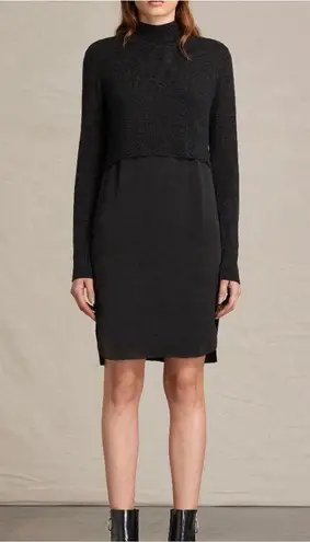 ALLSAINTS Merino Wool Paro Dress LS High Neck Satin Front Panel Small Black NWOT