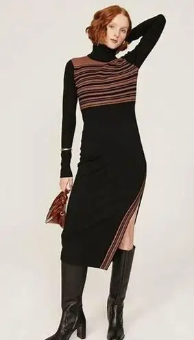 Toccin Blake Striped Ribbed Black Brown Turtleneck Sweater Dress Size S