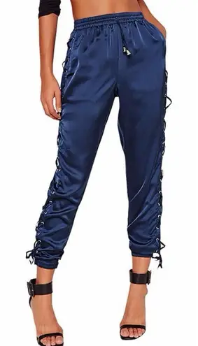 Missguided Blue Satin Lace-Up Side Joggers Pants Elastic Waist Size 10