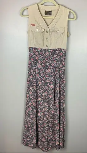 Vintage Blue VTG  Dress Sleeveless Button cotton tan Top Floral skirt size small