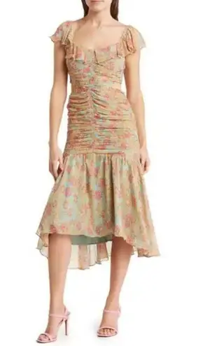 ASTR  the Label Cutout Floral Chiffon Devereaux Midi Dress in Mint Coral Floral