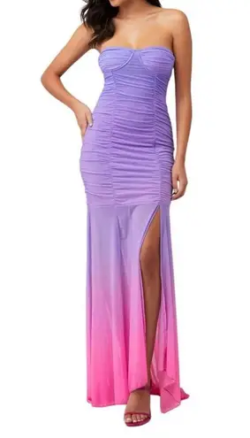Rococo Sand Purple Pink Ombre Strapless Ruched Maxi Dress S