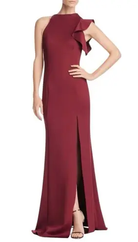 Black Halo Pabla one shoulder ruffled scuba high slit gown