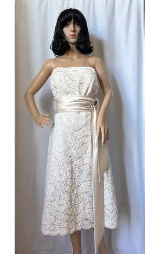 Dessy formal lace strapless bridesmaid dress long sash bow ivory 12 White