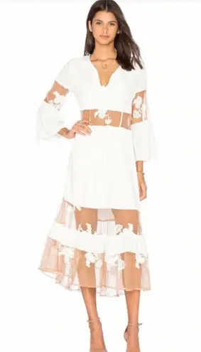 For Love & Lemons Eva Midi White Mesh Dress With Embellished Sleeves