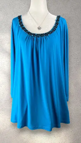 Susan Graver Beaded Tunic Blouse Women's 2X Blue Liquid Knit Lagenlook Bohemian