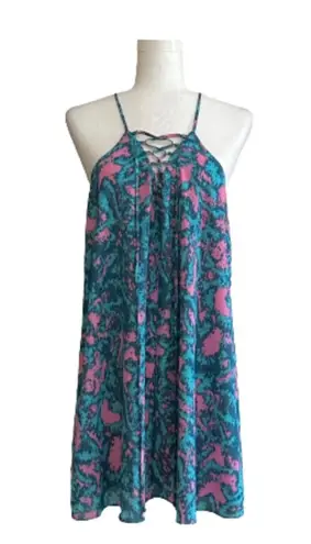 Izzy & Lola Dress Pink Blue Lace Up Boho Bohemian Mini Swing Dress Medium NEW