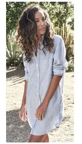 Frank & Eileen Mary Classic Linen Button Up Striped Dress Size Large Blue