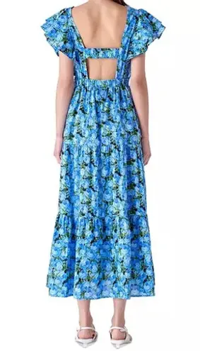English Factory Women's Floral-Print Tiered Flutter-Sleeve Dress Blue Sz XS NWT