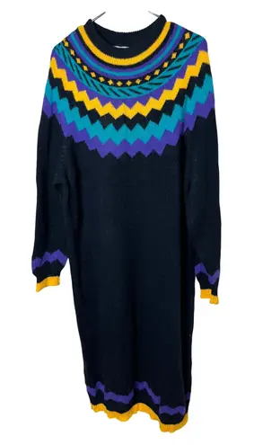Stefano Sportswear Black Multi Color Geometric Fair Isle Knit Sweater Dress 20W