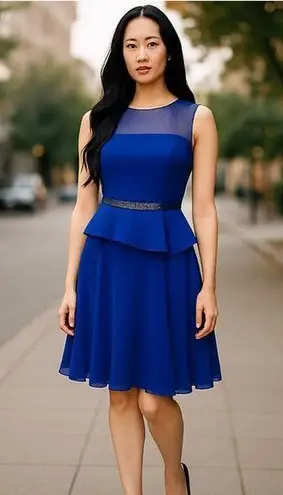 Rickie Freeman Teri Jon Royal Blue Illusion Neck Cocktail Dress Size 6