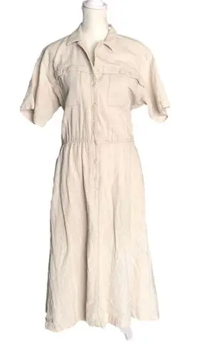 L.L.Bean  Vintage Beige Cool Weave Button Front Collared Short Sleeve Midi Dress