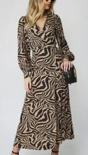 Ganni Tiger Print Wrap Long-Sleeve Maxi Dress Size EU 34 Black & Brown