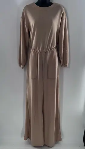 Winwin  Refuge Tan Textured Knit Fabric Long Sleeve Jumpsuit w/Deep V Back-Sz S