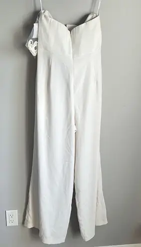 NEW Dessy Collection STRAPLESS NOTCH CREPE JUMPSUIT WITH POCKETS IN IVORY White Size 14