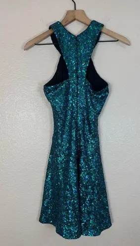 Dress the Population Teal Sequined Sequin Mini Halter Skater Dress size Small
