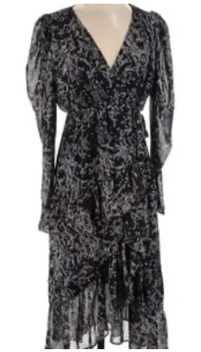 Lea & Viola Black Floral Print Midi Wrap Dress Puff Sleeve Ruffle