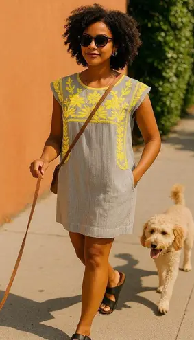 Uncle Frank Seersucker Embroidered Shift Dress Grey White Railroad Stripe Sz S