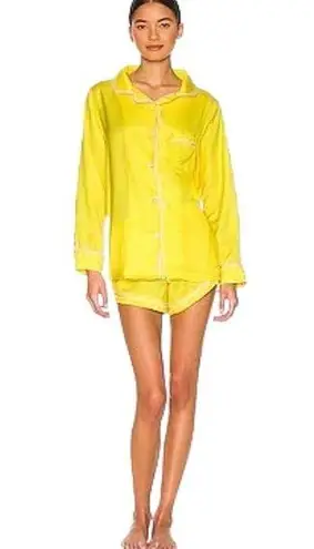 NWT PLUSH Revolve Faux Silk Yellow Pink Trim Pajama Set W/ Eyemask Sz XS