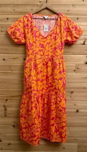 NWT J Crew Factory Size 2 Tiered Puff Sleeve V Neck Midi Preppy Dress Pink