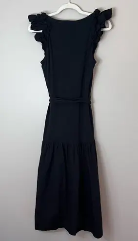 Nation Ltd Everleigh Frilly Ruffle Scoop Neck Tiered Belted Midi Dress Jet Black