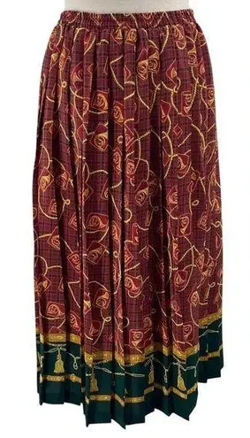 Vintage 80s Pleated Midi Skirt French Horns Mixed Print Pull on Maroon Green S Red
