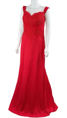 May Queen Couture Sleeveless Lace Detailing High Slit Prom Evening Dress 12 Red